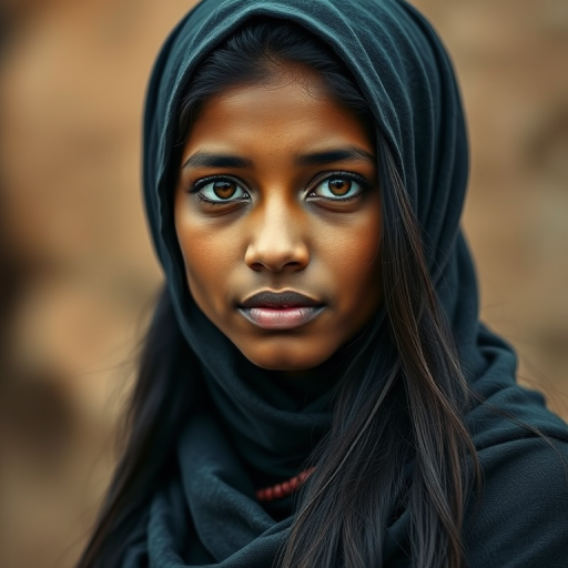 Create a portrait of a young Sri Lankan woman with long, dark hair and captivating hazel eyes. She is wearing a dark headscarf and a matching scarf draped gracefully around her neck. The background is softly blurred, focusing attention on her serene and natural expression. The overall color palette is muted and warm, enhancing the intimate and authentic feel of the portrait.