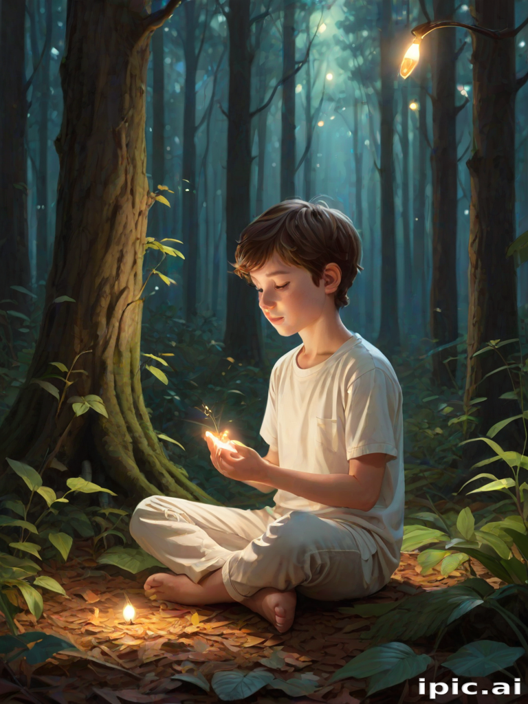 A luminous digital painting of a serene forest scene featuring a barefoot young boy, about 7 years old, with brown hair and fair skin, dressed in a simple white outfit. He sits cross-legged on the forest floor, gazing at a small, glowing, magical firefly in his hand. Beside him, a delicate spotted deer lies calmly on a bed of dried leaves, observing the scene. The dense forest is bathed in warm, golden light filtering through the trees, creating a peaceful, magical atmosphere with a blend of natural and mystical elements.