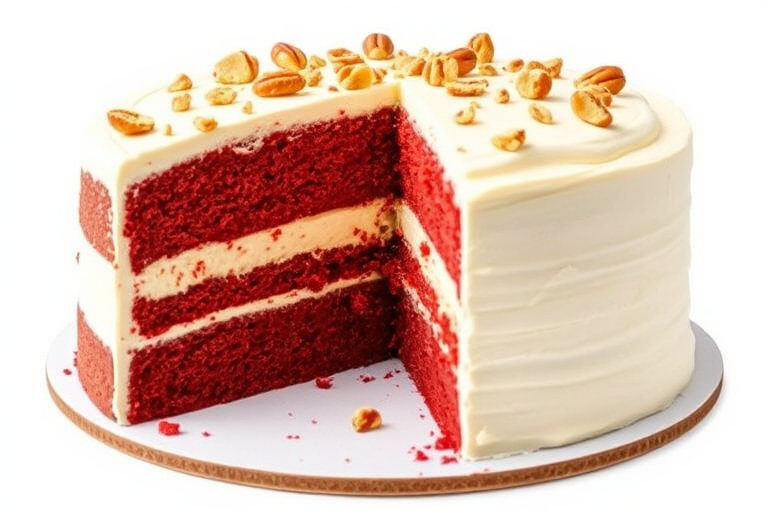 A beautifully layered cake showcasing red velvet, cream cheese, and buttery layers with a smooth frosting topping and scattered nuts, sliced to reveal its rich textures and colors, all set against a simple white background.