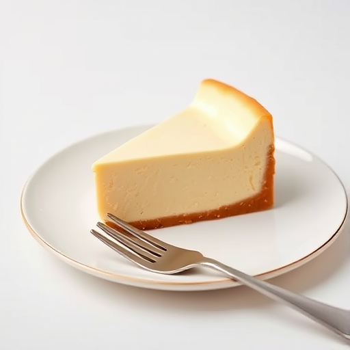 A slice of creamy cheesecake on a decorative white plate with a fork beside it, set against a light background, showcasing the smooth texture and golden edges of the cheesecake.