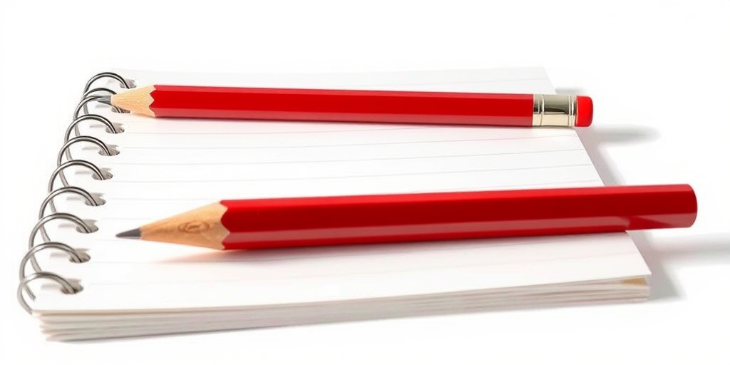 create a realistic illustration of a spiral-bound notebook with lined pages and a red pencil resting on top, using a DSLR camera with a 50mm lens, f/1.8 aperture, 1/200s shutter speed, and ISO 100, in a bright and evenly lit environment to enhance image quality