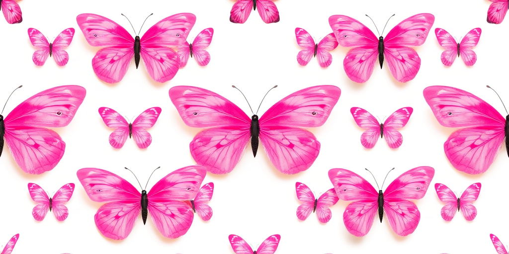 Create an image of a symmetrical pattern featuring various shades of pink butterflies. The butterflies should be evenly spaced in a grid layout, with each butterfly having intricate details on its wings. The background should be plain white to enhance the vibrancy of the butterflies.