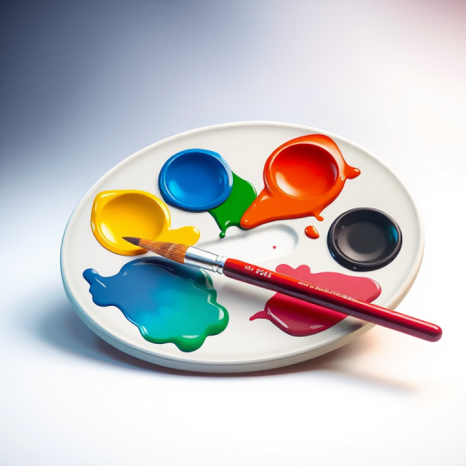 illustration of a painter's palette with six vibrant paint blobs and a paintbrush resting on it, studio lighting, 50mm lens, f/8 aperture, ISO 100, soft focus background