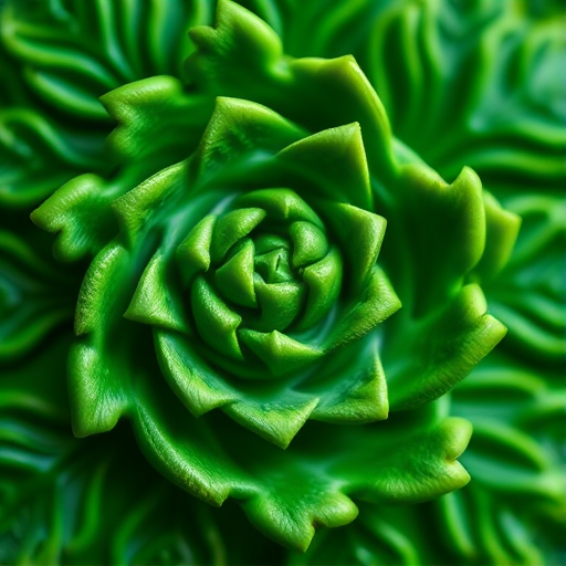 Create a high-resolution image of a decorative green swirl and leaf design with intricate details, captured with a Canon EOS R5, 50mm f/1.2 lens, at f/2.8, ISO 100, 1/200 sec, using a macro photography style and a top-down perspective to enhance vibrancy and depth.