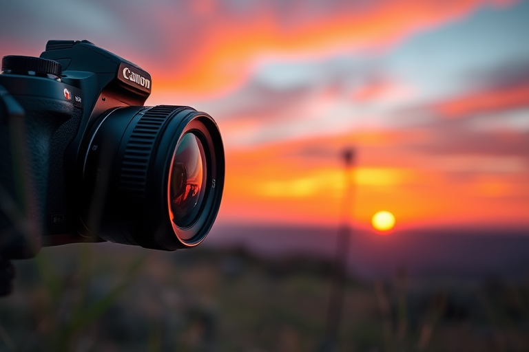 Create a high-resolution image of a serene landscape at sunset with vibrant colors, using a DSLR camera with a 50mm lens, aperture set to f/1.8, ISO 100, and shutter speed of 1/250 seconds, focusing on the foreground elements and blurring the background for depth.