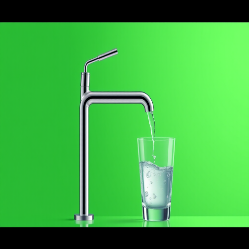 Create a digital illustration of a faucet pouring water into a glass, with a modern minimalist design and a green background, using a high-resolution camera setup with a 50mm lens, f/2.8 aperture, ISO 100, and natural lighting for enhanced clarity and vibrancy.
