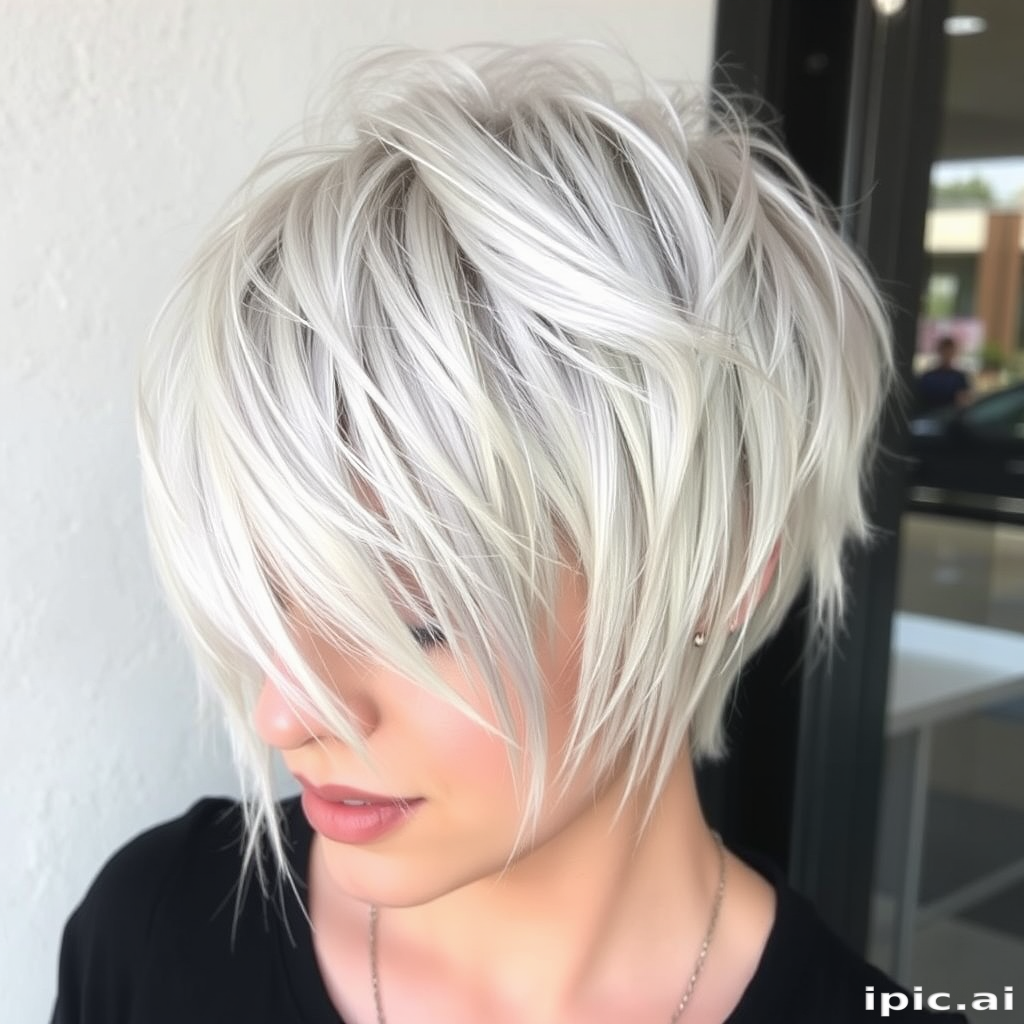 Textured pixie cut in cool-toned platinum, featuring choppy layers and piece-y bangs, exuding effortless cool-girl vibes and urban chic