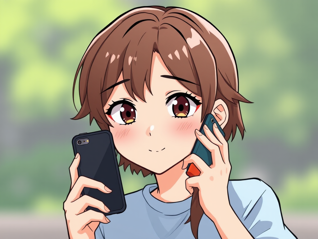 Create a high-resolution digital illustration of a character with brown hair, wearing a light blue shirt, holding a smartphone to their ear, using a Canon EOS 5D Mark IV, 50mm lens, f/1.8 aperture, ISO 100, natural lighting, front view, cartoon style.