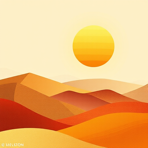 Create a serene landscape illustration featuring abstract hills and a large sun, with warm earthy tones, using a high-resolution digital camera, aperture f/8, ISO 100, and a wide-angle lens to capture a soft, dreamy effect.