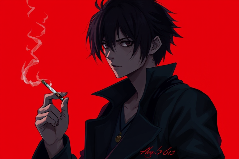 Create a high-resolution illustration of a dramatic character with dark clothing, holding a cigarette, set against a bold red background, using a digital painting style, DSLR camera type, 50mm lens, f/1.8 aperture, ISO 100, and natural lighting for enhanced detail and depth.