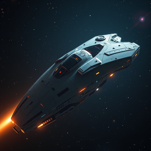 regenerate a futuristic spaceship in space, low-angle shot, using a DSLR camera with a 50mm lens at f/1.8, ISO 200, 1/125 sec, high resolution, with dramatic lighting and intricate details on the spaceship's surface