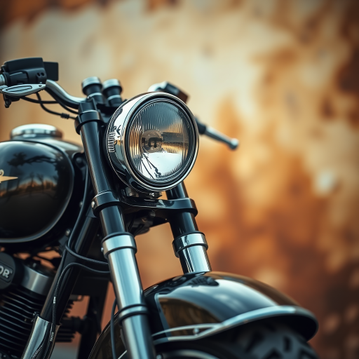 Capture a close-up of a vintage motorcycle with intricate details and a glossy finish, set against a dreamy abstract background of warm browns and creams, using a DSLR camera at f/2.8 aperture, 1/125 sec shutter speed, ISO 100, 50mm lens, in soft natural lighting for a high dynamic range and rich colors.