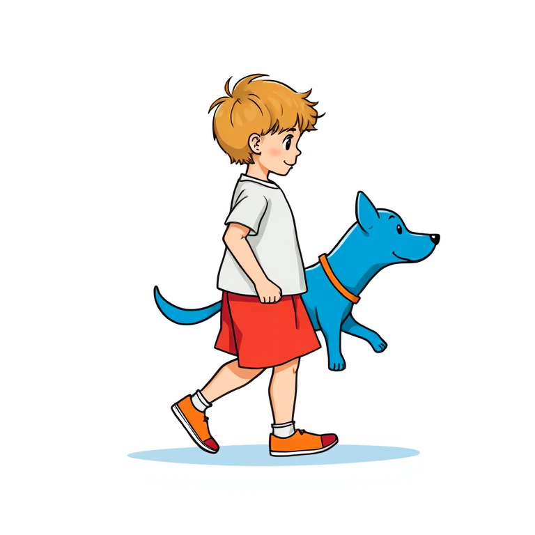 Create an illustration of a child walking a blue dog, using vibrant colors, set against a white background, with a focus on playful shapes and outlines, captured with a DSLR camera at f/2.8, 50mm lens, natural lighting, high saturation for enhanced colors.