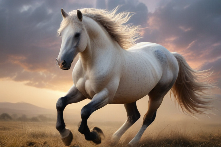 A Majestic White Horse Galloping Gracefully Through a Beautiful Sunset ...
