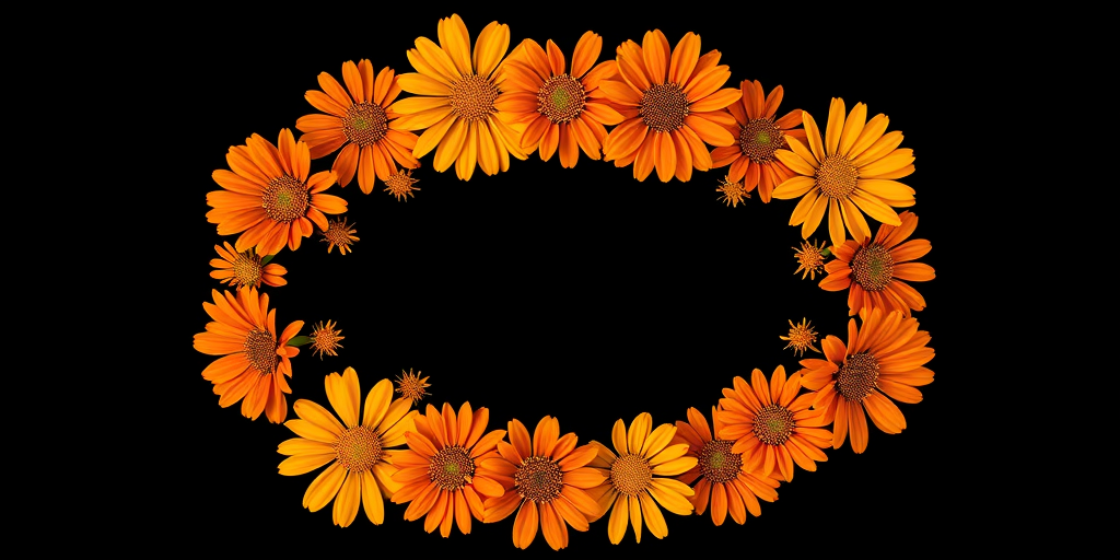 Create a vibrant circle of orange and yellow flowers on a black background, using a Canon EOS R5 with a 50mm f/1.2 lens, for a shallow depth of field and high color saturation, shot at f/2.8, ISO 100, and 1/60s shutter speed.