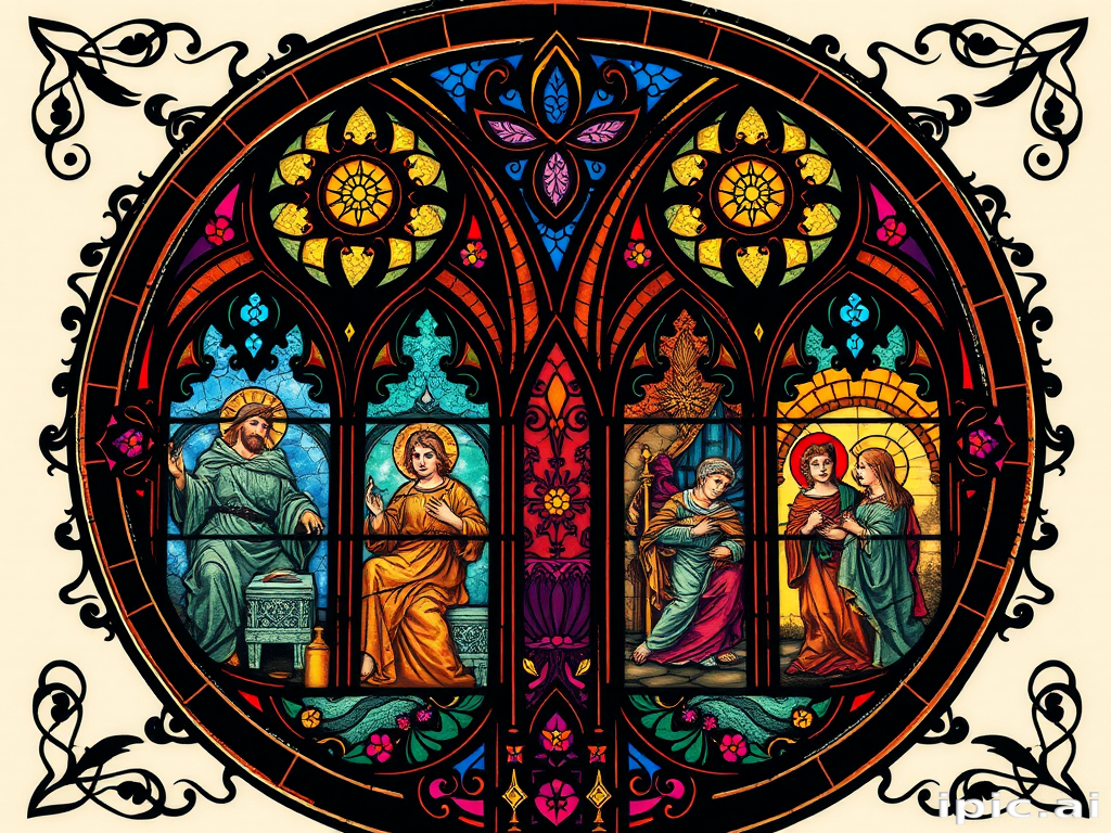 Ornate "Stained Glass Mosaic" tattoo design inspired by Gothic cathedral windows, featuring intricate patterns and religious or mythological scenes composed of vibrant, jewel-toned shapes outlined in bold black lines, creating a luminous and richly detailed tattoo that appears to glow from within, ideal for those who appreciate traditional craftsmanship and symbolism