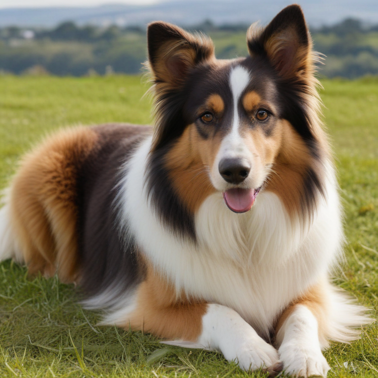 A Beautiful Collie Dog Relaxing on a Sunny Green Hilltop Meadow.