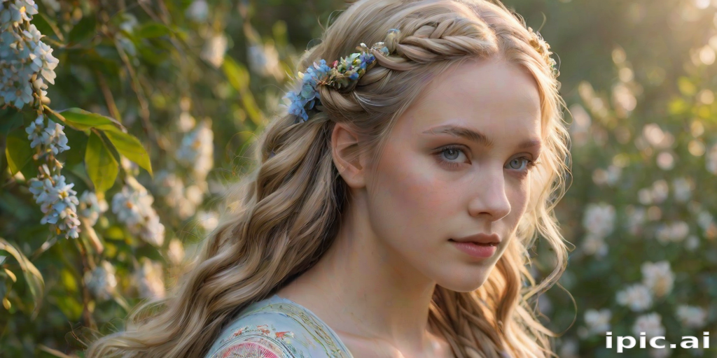 Create an image of a young woman with long, wavy blonde hair, adorned with small, colorful flowers woven into her braids and loose strands. Her complexion is fair, with soft, glowing skin, and she has light blue eyes that gaze softly at the viewer. She wears a light, flowing dress with a gentle, ethereal quality, complementing her delicate and serene appearance. The background is slightly blurred, drawing focus to her tranquil expression and the intricate details of the flowers in her hair. The overall mood of the image is one of natural beauty and grace, evoking a sense of peacefulness and connection with nature.