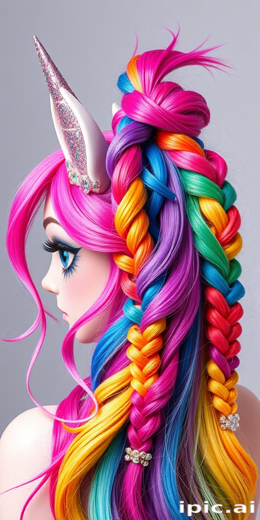 Whimsical rainbow-haired unicorn with a playful, high ponytail featuring colorful braids and glittery accessories