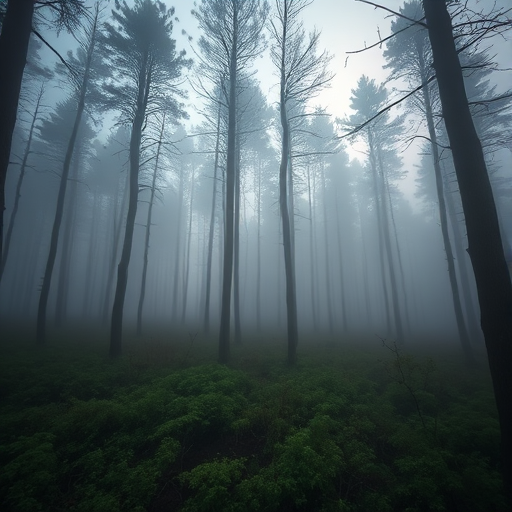 capture a misty forest scene during twilight with soft, diffused lighting, f/2.8 aperture, ISO 200, 1/60 second exposure, taken with a full-frame DSLR using a wide-angle lens for an immersive perspective