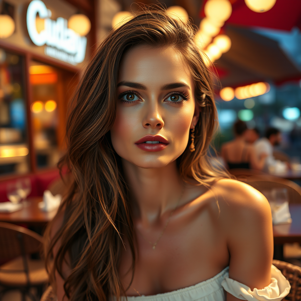 photo of young [woman:angelina jolie:0.4], highlight hair, sitting outside restaurant, wearing dress, rim lighting, studio lighting, looking at the camera, dslr, ultra quality, sharp focus, tack sharp, dof, film grain, Fujifilm XT3, crystal clear, 8K UHD, highly detailed glossy eyes, high detailed skin, skin pores