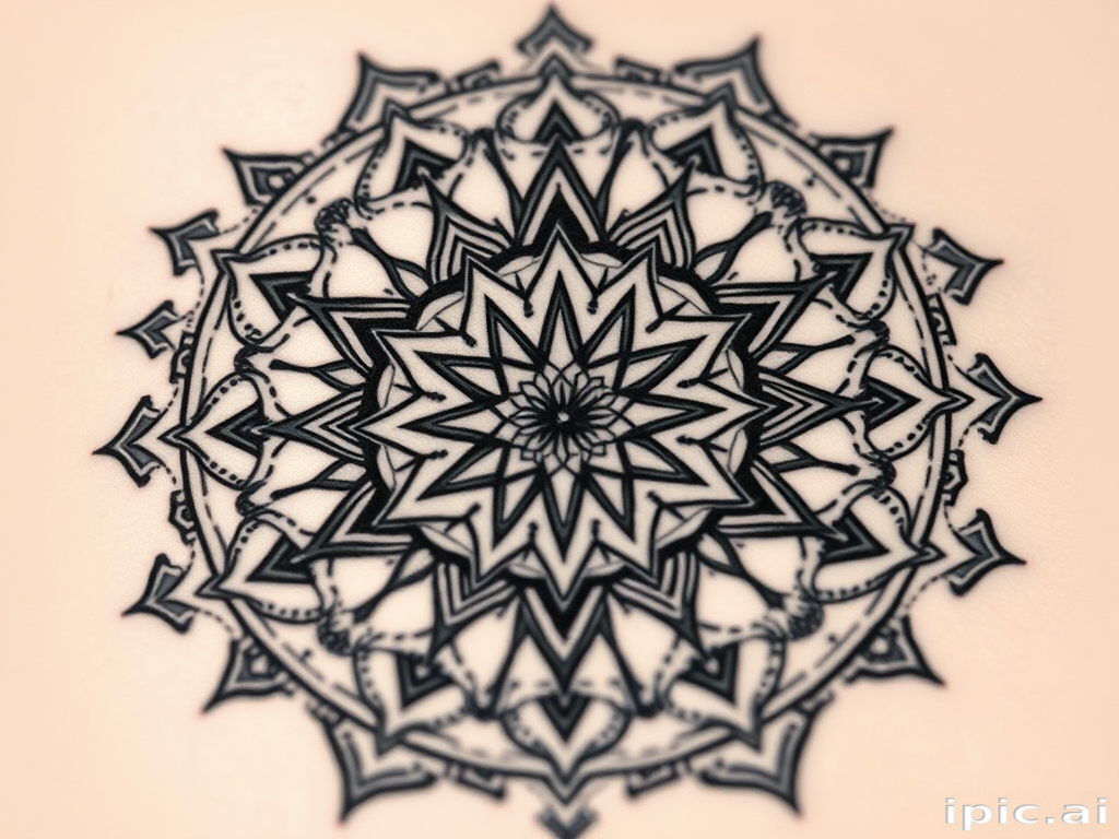 Intricate blackwork tattoo depicting a geometric mandala with intricate dotwork shading and symmetrical patterns, incorporating sacred geometry elements, called "Cosmic Symmetry"