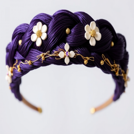 Regal deep purple crown braid called "Royal Plait" interwoven with delicate gold threads and adorned with miniature floral embellishments