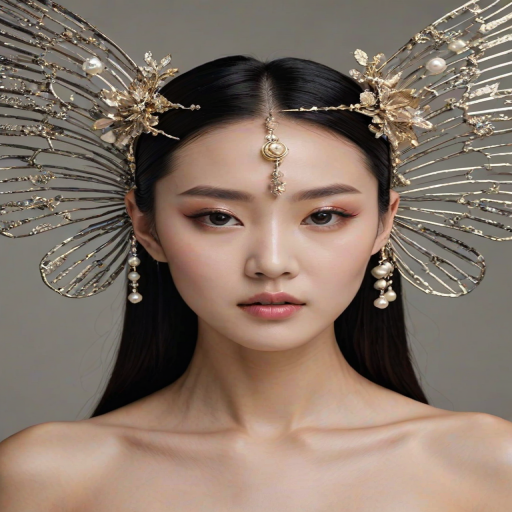 The image depicts a young korean woman with sleek, dark hair wearing an intricate and avant-garde headpiece. The headpiece is made of delicate, metallic structures resembling abstract butterfly wings or branches, framing her face with an artistic, futuristic flair. Her expression is soft yet confident, and her makeup emphasizes her eyes with long lashes and a subtle lip color, giving her a refined and elegant appearance. She also wears a pearl necklace, adding a touch of classic sophistication that contrasts with the modern, almost ethereal design of the headpiece
