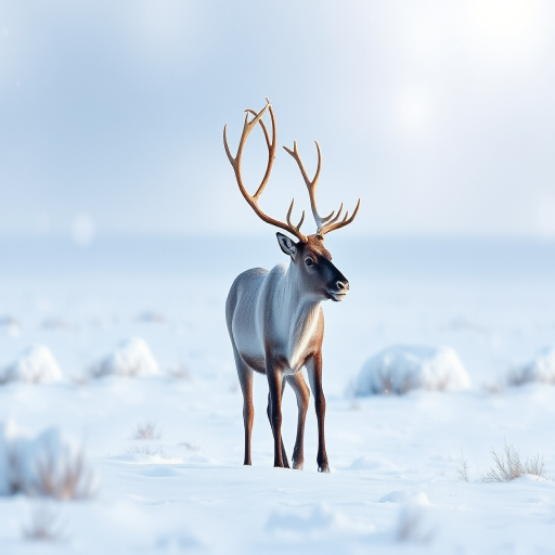 Create a high-resolution watercolor painting of a reindeer standing in a snowy landscape, using a Canon EOS 5D Mark IV with a 50mm lens at f/2.8, ISO 100, and a shallow depth of field to enhance image quality and focus on the reindeer.