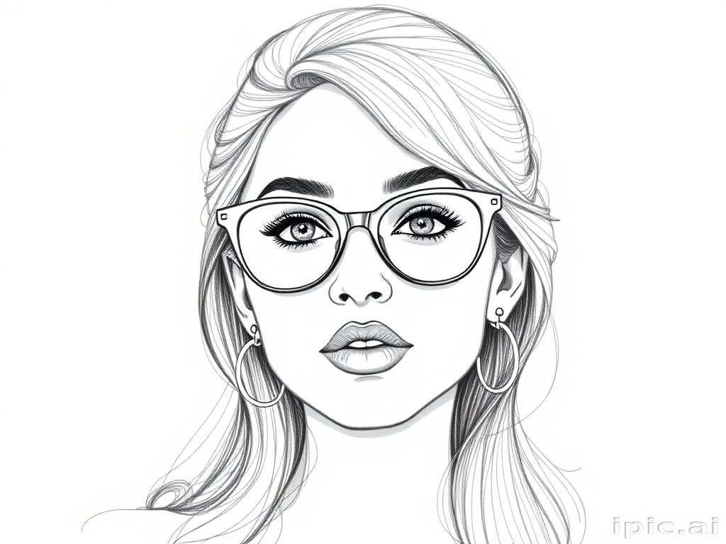 hot mia khalifa, pencil sketch, portrait of beautiful woman 60s in glasses, hair style beatnik, outline, clear lines, fine lines, 8k
