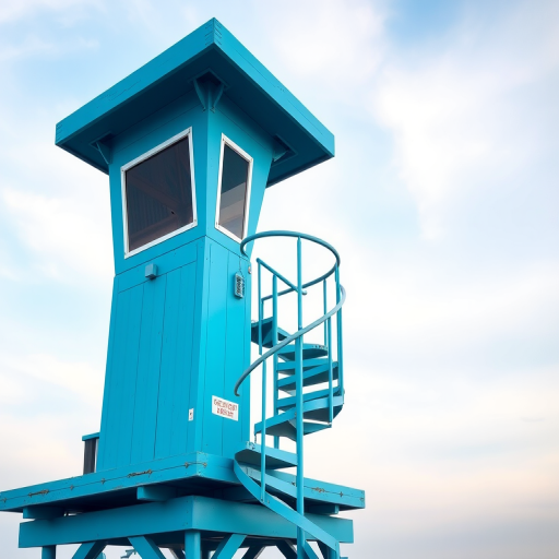 Photograph a blue lifeguard tower with a spiral staircase against a clear sky, using a DSLR camera, 50mm lens, aperture f/8, ISO 100, and a low-angle perspective for enhanced depth.