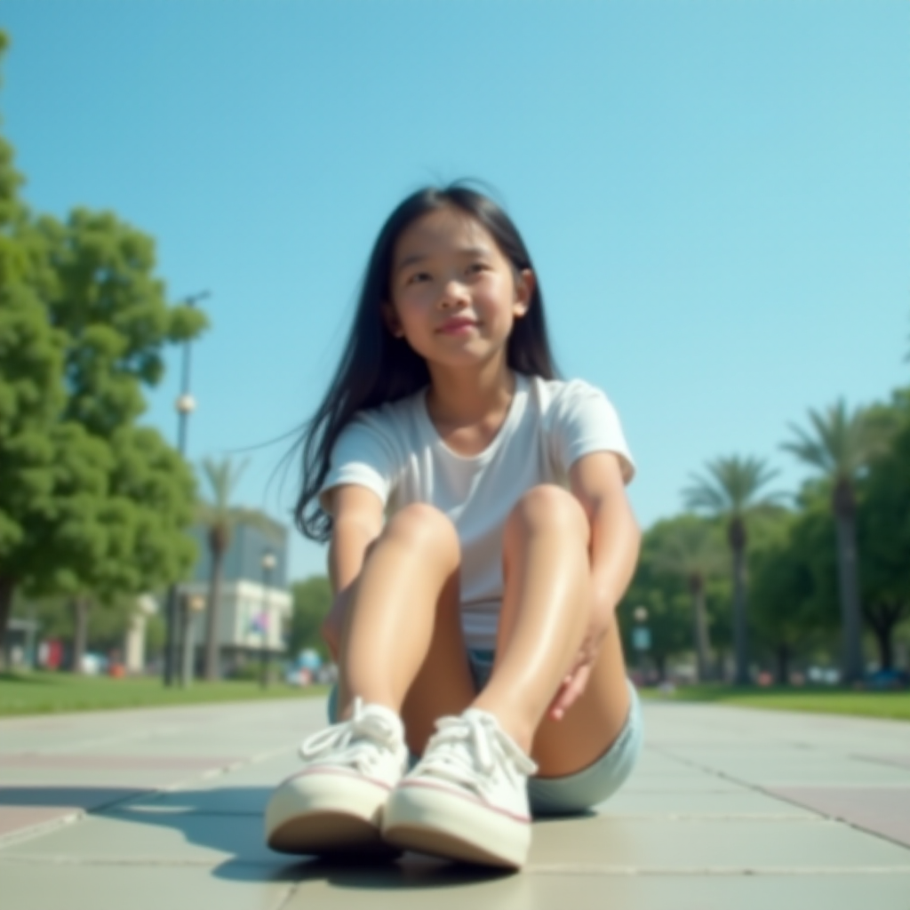 Generate an ultra-realistic, highly detailed, high-definition photograph. It's a photo of a girl sitting on the floor. She's looking at the horizon. The photo is taken from the bottom up, at ground level. The girl's sneakers are in the foreground, in the center of the scene. The girl is wearing light clothes, a t-shirt and short shorts. The sky is blue. Bright environment. The background is a blurred image of a park.