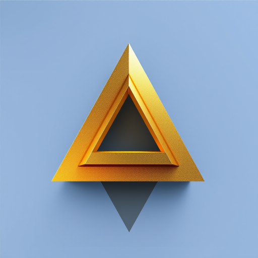 Create a 3D geometric design of a triangular shape featuring a gradient of gold and blue colors, captured with a DSLR camera at f/8 aperture, ISO 100, 1/60 sec shutter speed, using a wide-angle lens from a slightly elevated perspective for enhanced depth and clarity.