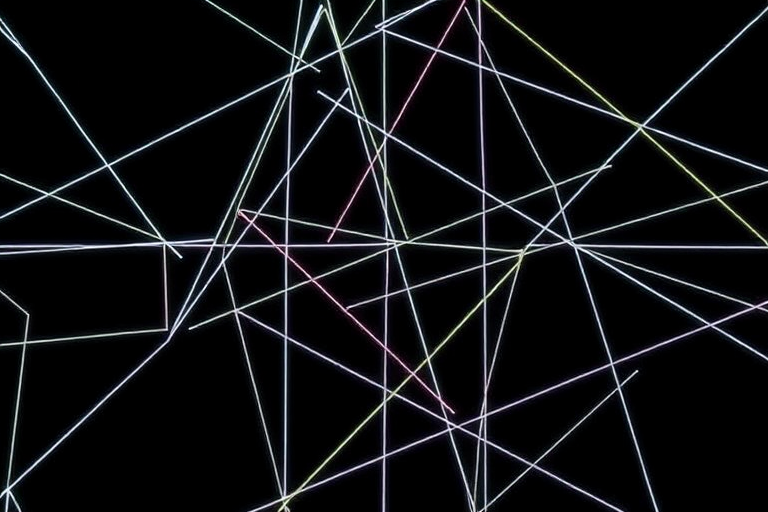 Abstract pattern of interconnected white lines on a black background, high-resolution capture with a DSLR camera, 50mm lens, f/2.8 aperture, 1/200s shutter speed, ISO 100, top-down view, minimalistic style.