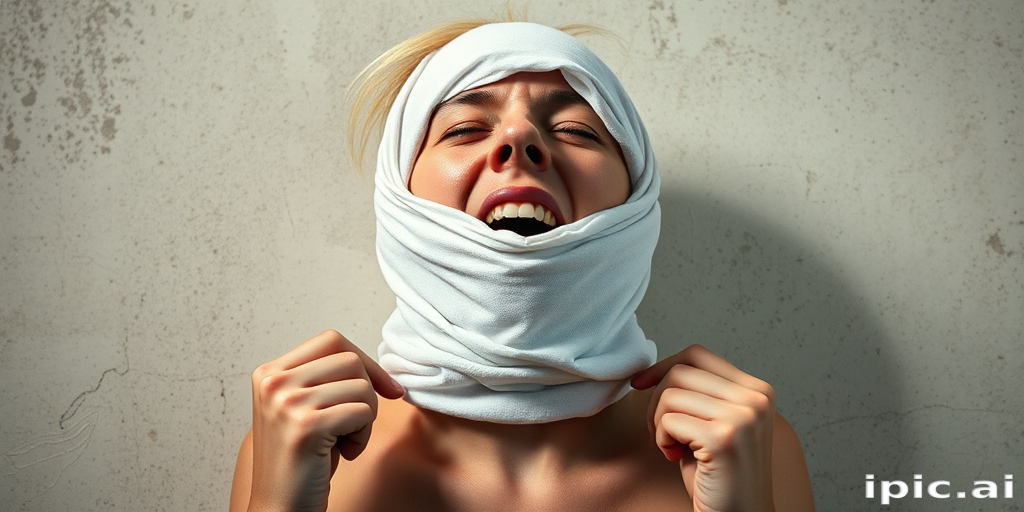 Create a close-up photographic image of the head and torso of a person with light skin tones shown against an old, worn wall. Their head is wrapped in a white cloth covering (i.e.... parts of the head except the nose and mouth, which are open as if they are screaming...), with a slight texture and visible folds in the fabric. Thin strands of blonde hair escape from the wrapping above, falling lightly at the top and sides. Their hands hold the fabric as if they are tugging nervously. The lighting is dramatic and even, casting strong shadows. The image has a minimalist and surreal style with an emphasis on simplicity with soft color tones. The composition is centered.