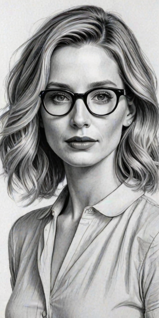 Elegant Annabelle Wallis, pencil sketch, portrait of Fascinating woman 1927s in glasses, hair style beatnik, outline, clear lines, fine lines, 8k