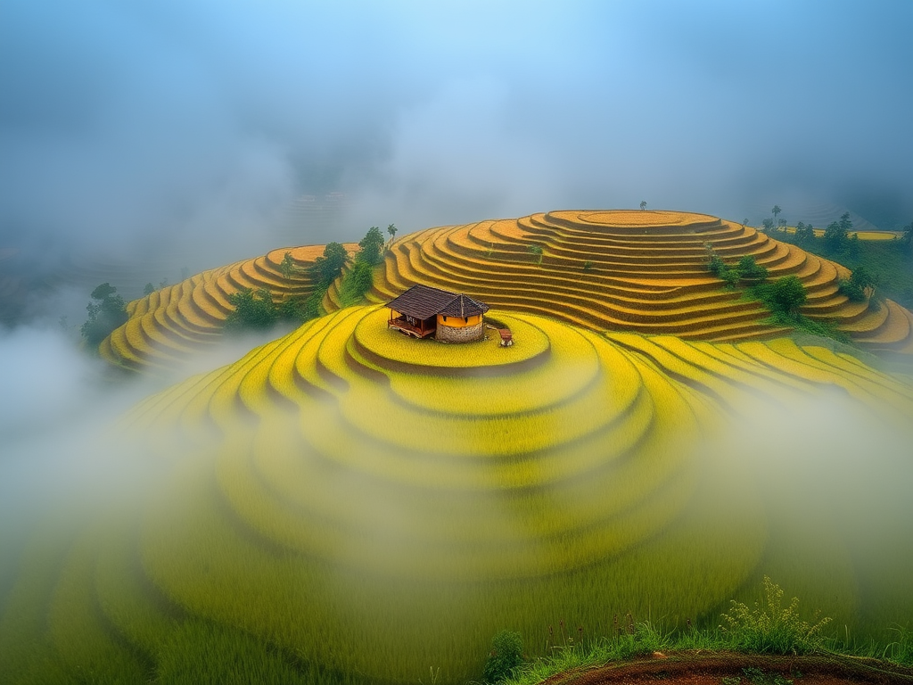 Generate a high-resolution image of terraced rice fields shrouded in mist with a single yellow house in the center, using a Canon EOS R5 camera, 24mm lens, f/8 aperture, 1/200 sec shutter speed, and ISO 100 for vibrant colors and details.