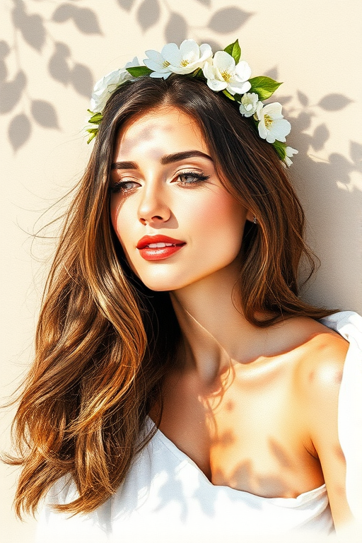 create a watercolor painting of an ethereal portrait of beautiful Druze woman with a simple white flower crown on her head. Her hair is long and she is lying on the ground. The sunlight on the trees casts shadows from the leaves on her face and body. The background is a neutral brown color that matches her skin tone. The image is minimalist and solid colors. This style is characterized by soft, delicate brushstrokes and a light, airy, contrasting color palette. High level of detail and play of light
