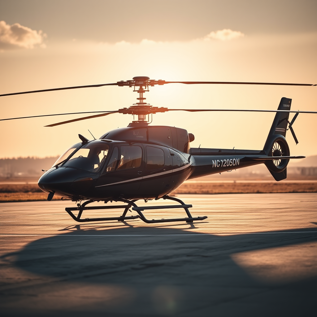 helicopter on tarmac, detailed shot, 50mm lens, f/2.8 aperture, ISO 100, natural lighting, slight upward angle, DSLR camera
