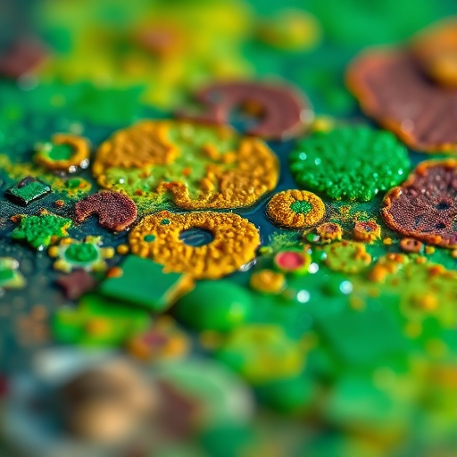 Create a highly detailed texture of a colorful, abstract surface with vibrant greens, browns, and golds, using a macro lens at f/2.8, 100mm focal length, ISO 200, natural lighting, capturing a dynamic close-up view with a shallow depth of field.
