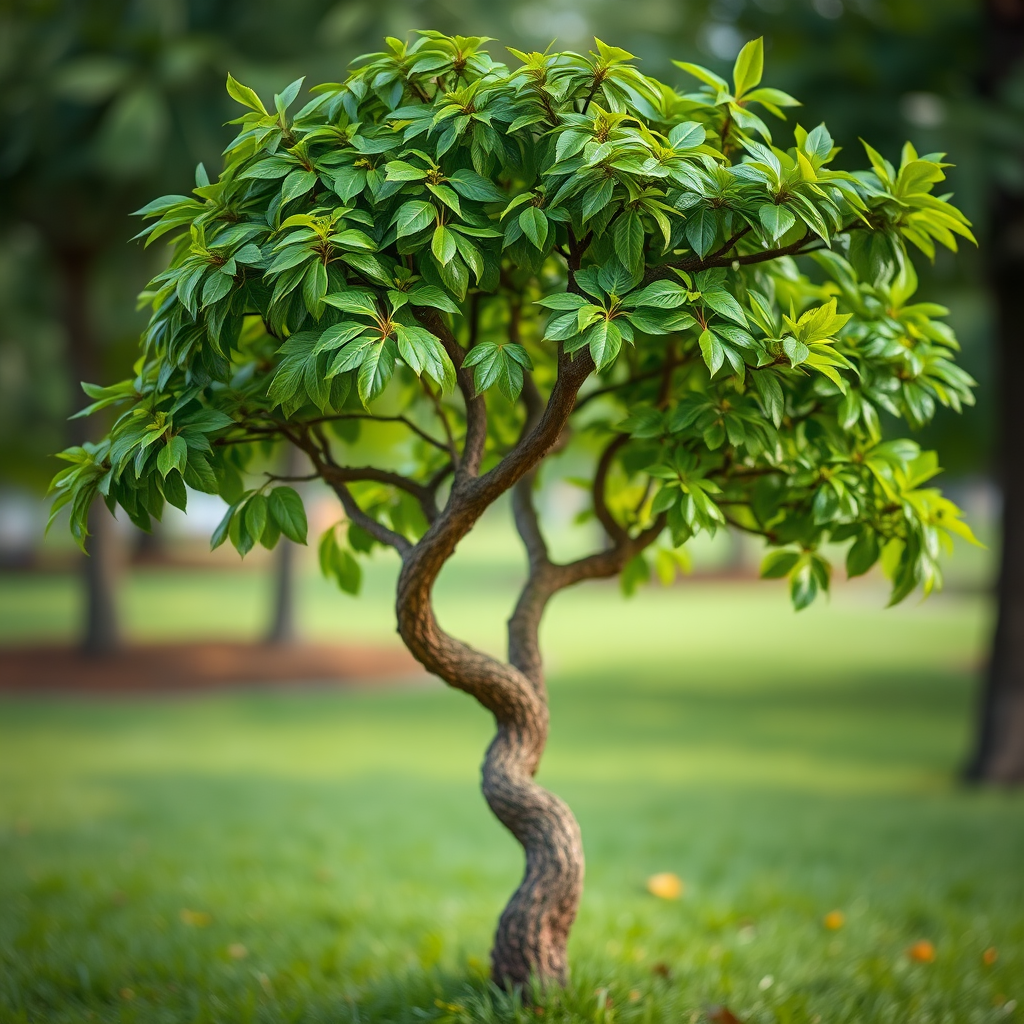 Generate a high-resolution image of a stylized tree with lush green leaves and a twisting brown trunk, taken with a DSLR camera at f/4 aperture, ISO 100, 35mm lens, in a natural light setting, using a shallow depth of field to emphasize the tree's details against a blurred background.