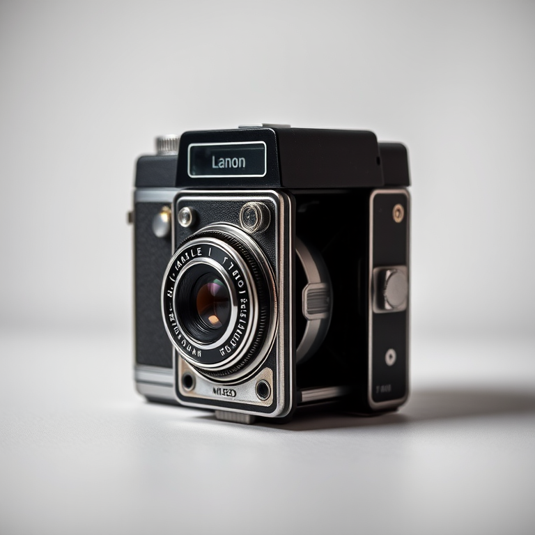 professional studio shot of a vintage folding camera with a silver and black design, soft diffused lighting, high contrast, shallow depth of field, camera settings at f/2.8, ISO 100, shutter speed 1/60s, taken with a DSLR camera using a 50mm lens