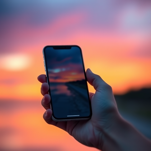 A high-resolution close-up of a hand holding a smartphone against a blurred sunset background, 50mm lens, aperture f/2.8, ISO 100, shallow depth of field, focus on the phone screen, taken with a DSLR camera.