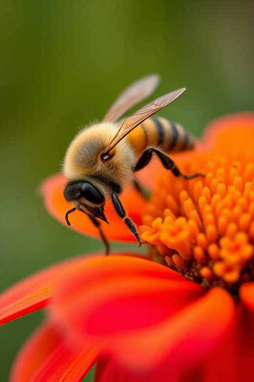 macro shot of a bee on an orange flower with vibrant details, shallow depth of field, f/2.8 aperture, 1/250 sec shutter speed, ISO 100, 100mm lens, natural light, soft bokeh background