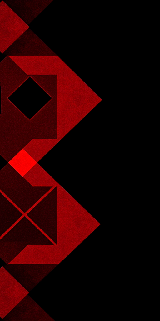 Create an abstract composition featuring vibrant red and orange geometric patterns against a black background, using a DSLR camera with a 50mm lens, aperture set to f/1.8, ISO 100, and a shallow depth of field to emphasize texture and color contrast.