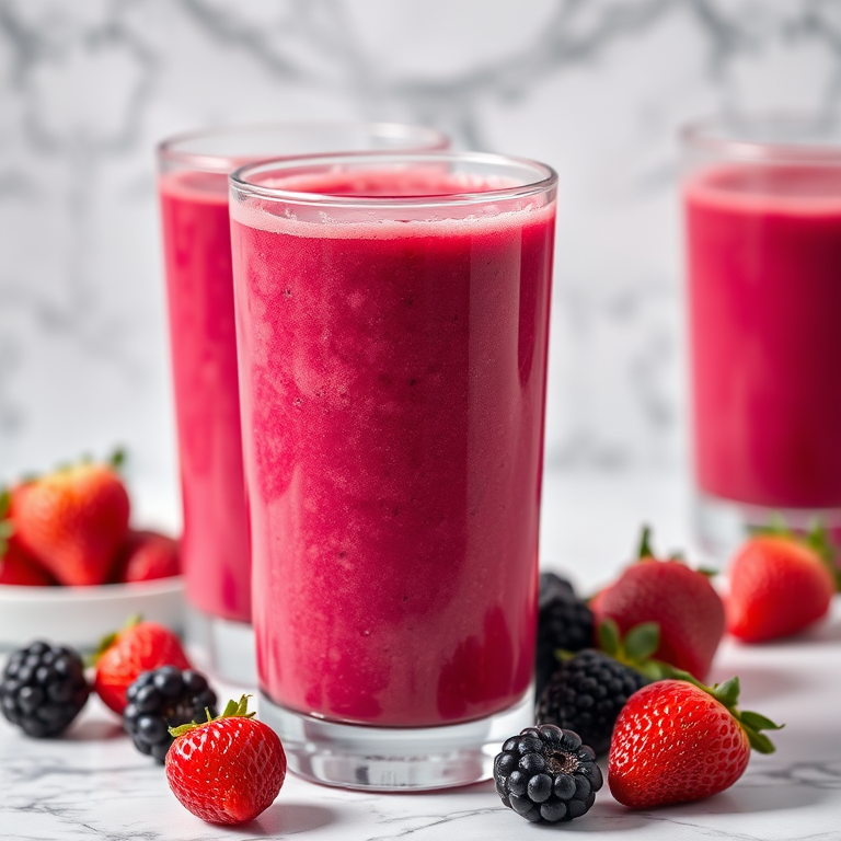 A vibrant berry smoothie in two clear glasses with a marble background, focused lighting, shallow depth of field, shot with a Canon EOS R5, 50mm lens, f/1.8, ISO 100, 1/250s, natural light.