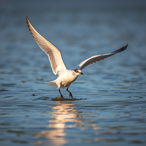 Capture a close-up of a bird taking off from a calm water surface, use a high-resolution DSLR camera with a 200mm lens, set aperture to f/4, ISO 200, shutter speed 1/1000s, in natural light, shooting at eye level with a shallow depth of field to blur the background.