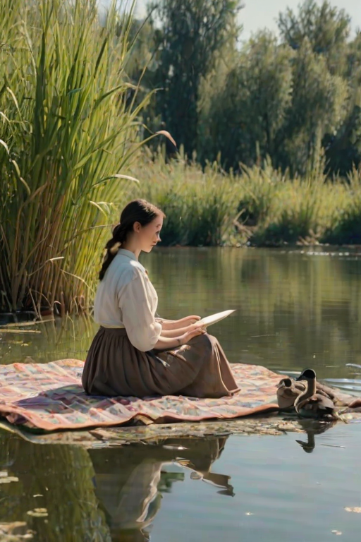 Serene riverside with tall reeds, a woman in a long skirt sits on a blanket, sketching the tranquil scene while ducks swim lazily by.