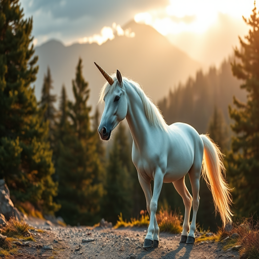 A majestic white unicorn with a shimmering golden horn stands gracefully on a serene mountain path, surrounded by lush pine trees and softly illuminated by golden sunlight filtering through the clouds, shot with a Nikon D850, f/5.6 aperture, 50mm lens, natural light, high dynamic range.