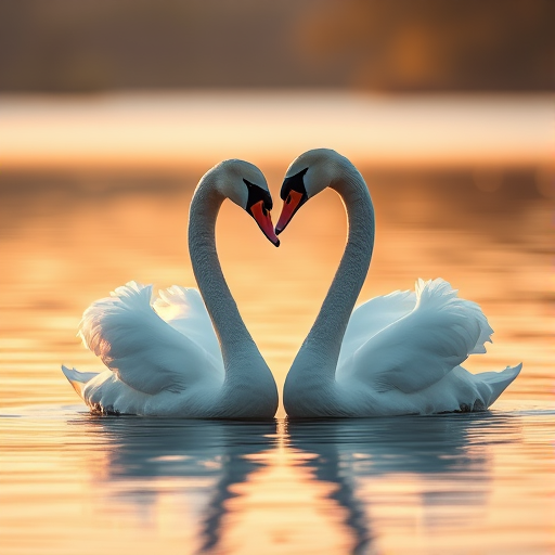 Capture a serene image of two swans forming a heart shape with their necks on a calm water surface during golden hour, using a Canon EOS R5 with an 85mm lens, aperture f/2.8, ISO 100, and a shutter speed of 1/250s, focusing on soft bokeh in the background.